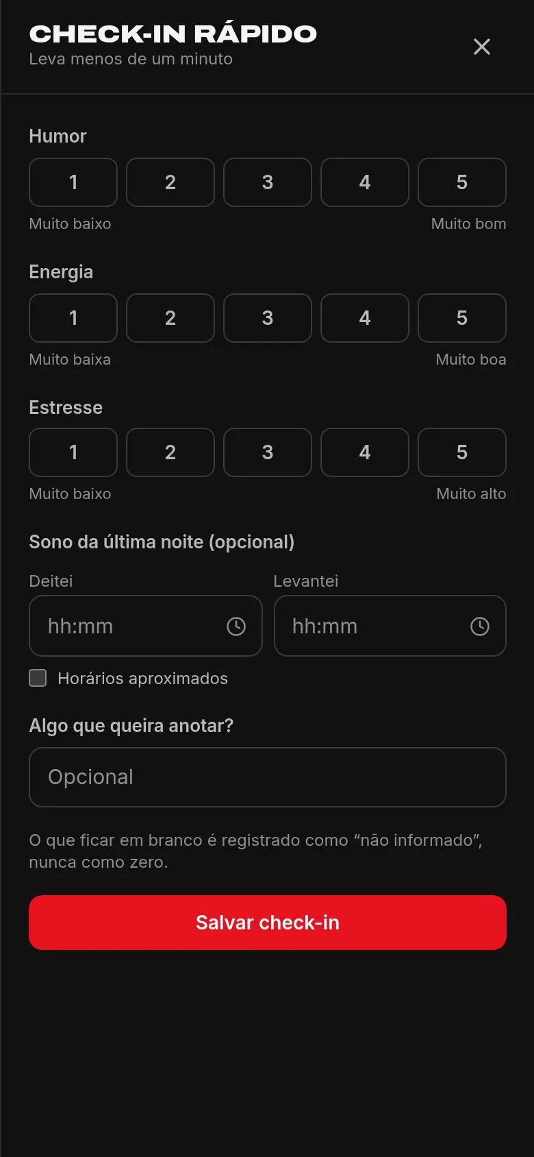 Painel de check-in rápido no celular, com escalas de 1 a 5 para humor, energia e estresse, campos de horário de sono e botão Salvar check-in