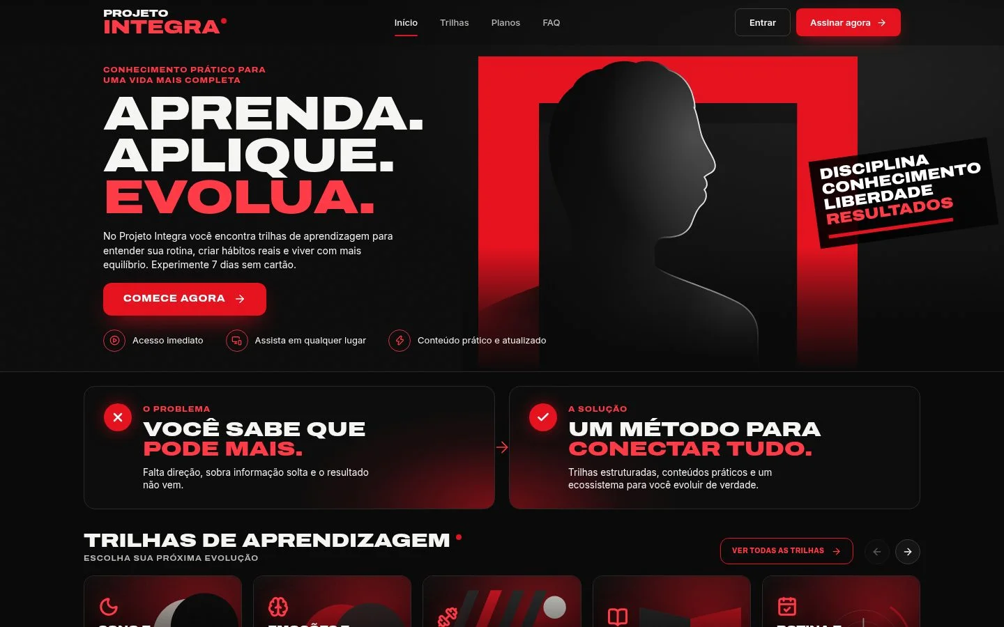 Página inicial pública do Projeto Integra com o título Aprenda, Aplique, Evolua e o botão Comece agora